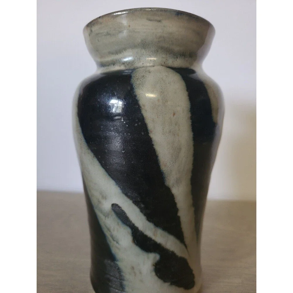 Vintage Hand Turned Studio Pottery Vase Black Tan Swirl Signed 7